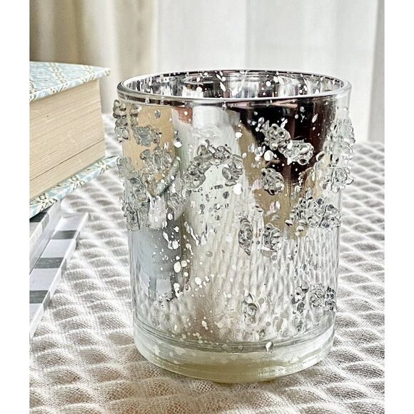 New Glam Luxe Shimmer Arctic Ice Silver Mercury Glass Light Up Flameless Candle - Picture 1 of 10